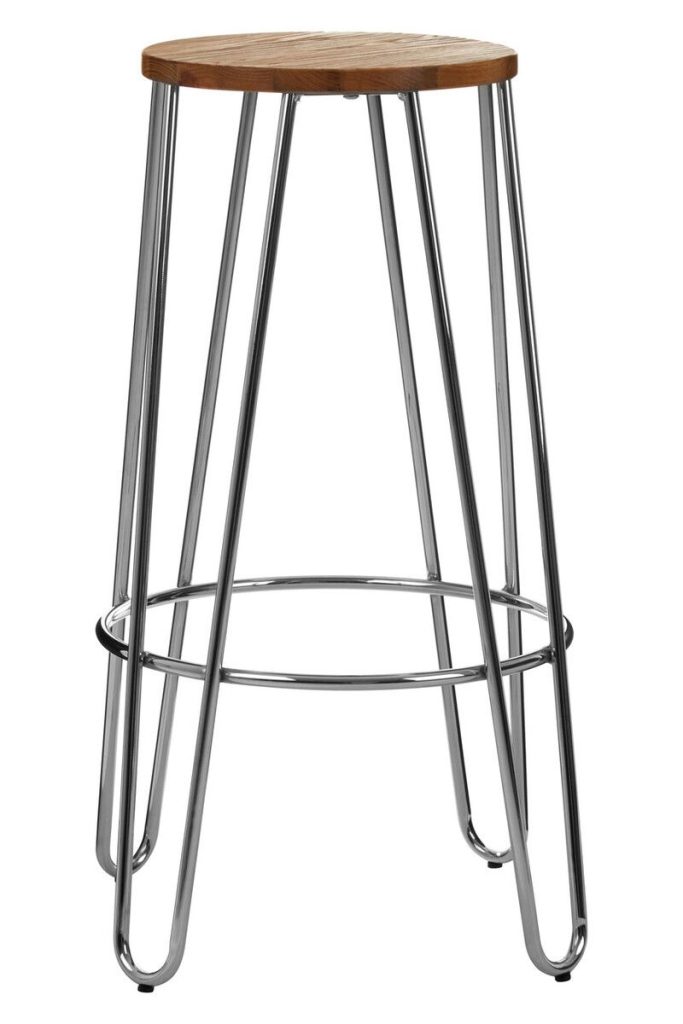 Versatile Chrome Metal and Elm Wood Round Bar Stool, Hairpin Stool, Sturdy Stool for Bar, Kitchen Counter,