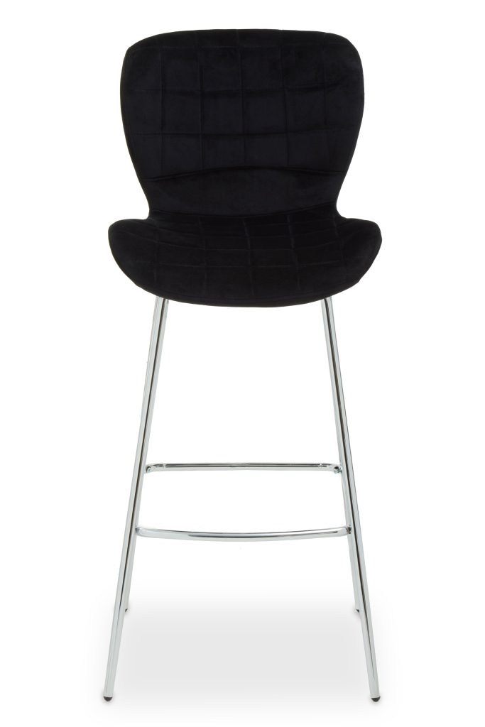 Black Velvet Bar Chair, Quilted Upholstery With Silver Finish Legs, Modern High Stool For Home Bar