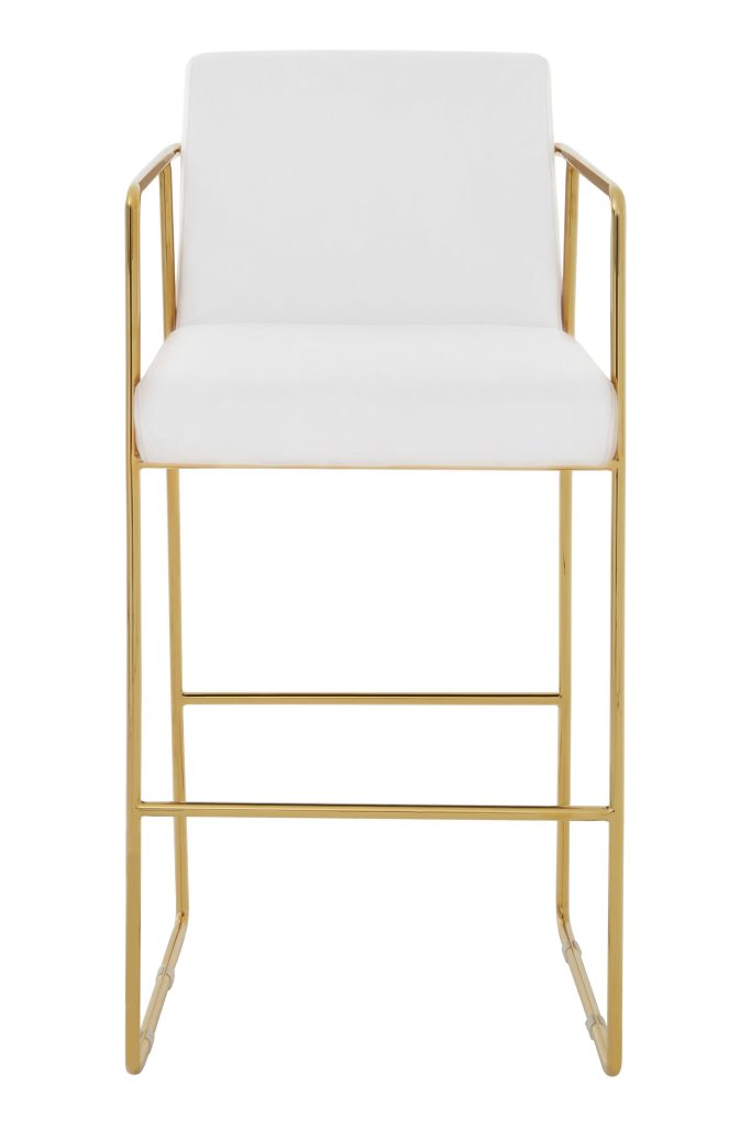 Mink Velvet Bar Stool with Gold Frame, Luxury White and Gold Stool for Bars, Modern Velvet Bar Stool