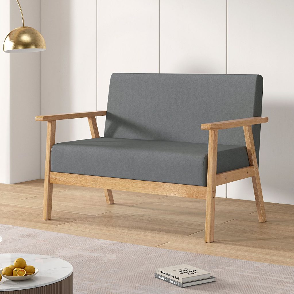 2 seater Linen Fabric Wooden With Comfortable Padded Seat
