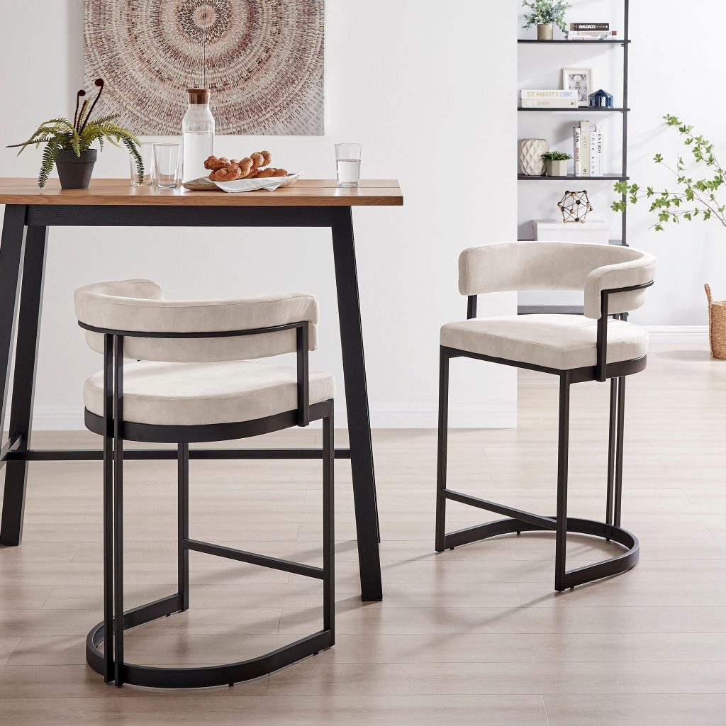 Curved Cream And Black Upholstered Counter Stools Set of 2
