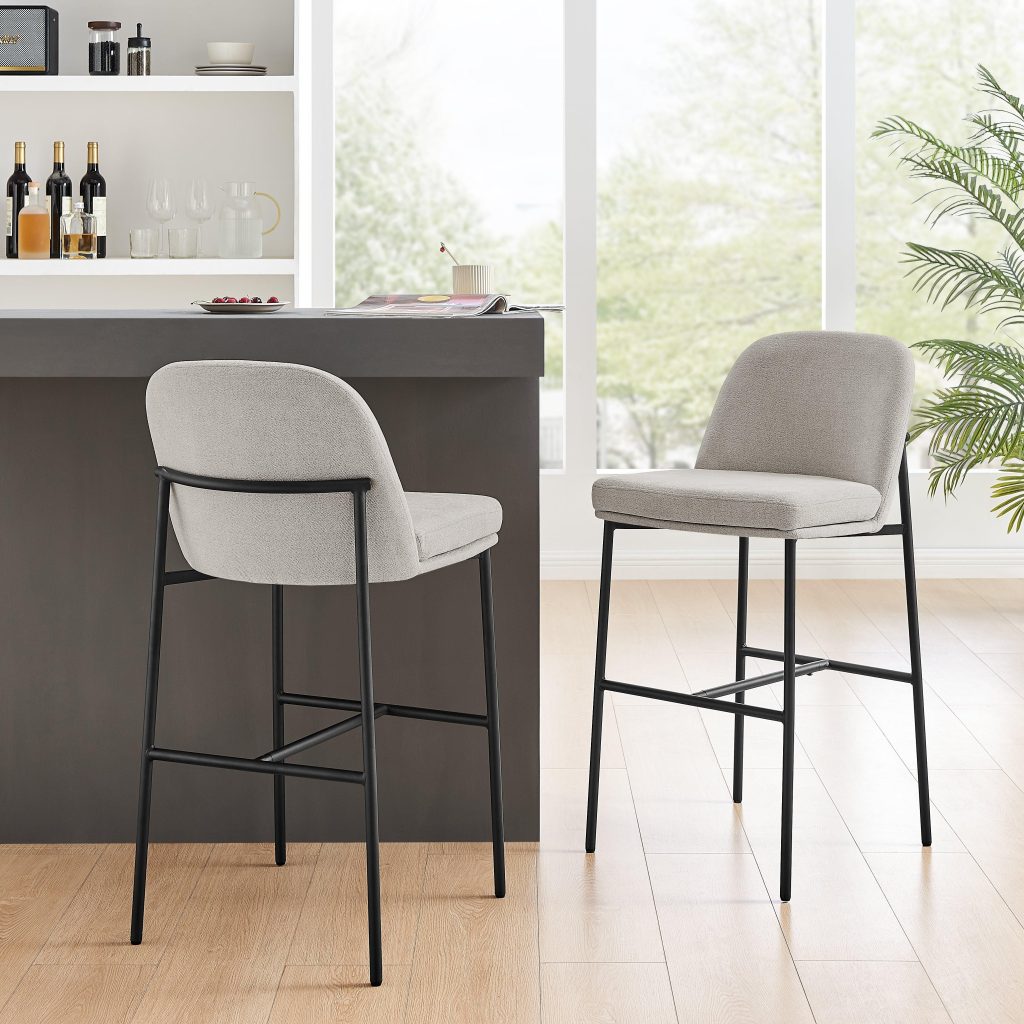 Curved Neutral Stone Fabric and Black Frame Barstool Set Of 2