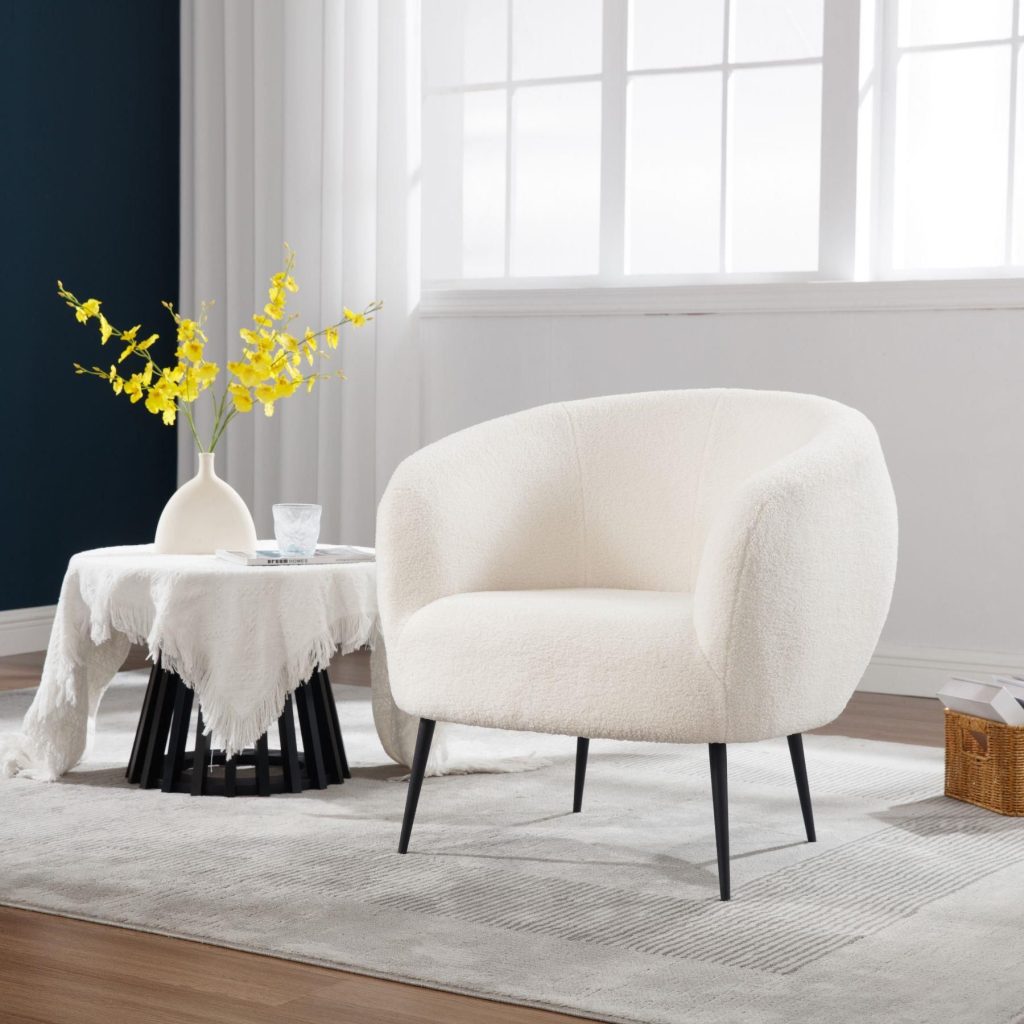 Cozy Round Back White Faux Fur Accent Chair Plush Seating Modern