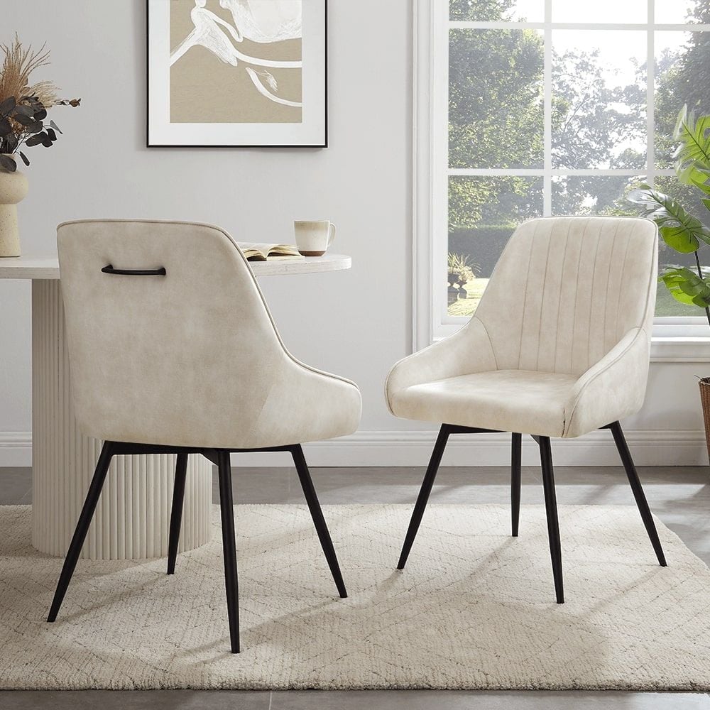 Amari Swivel Cream Velvet Dining Chair With Black Legs Set of 2
