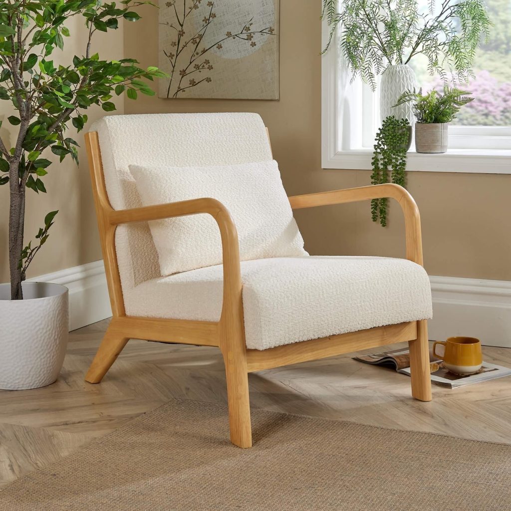 Boucle Wooden Armchair Teddy Fur Cream Modern Home Chair Seating