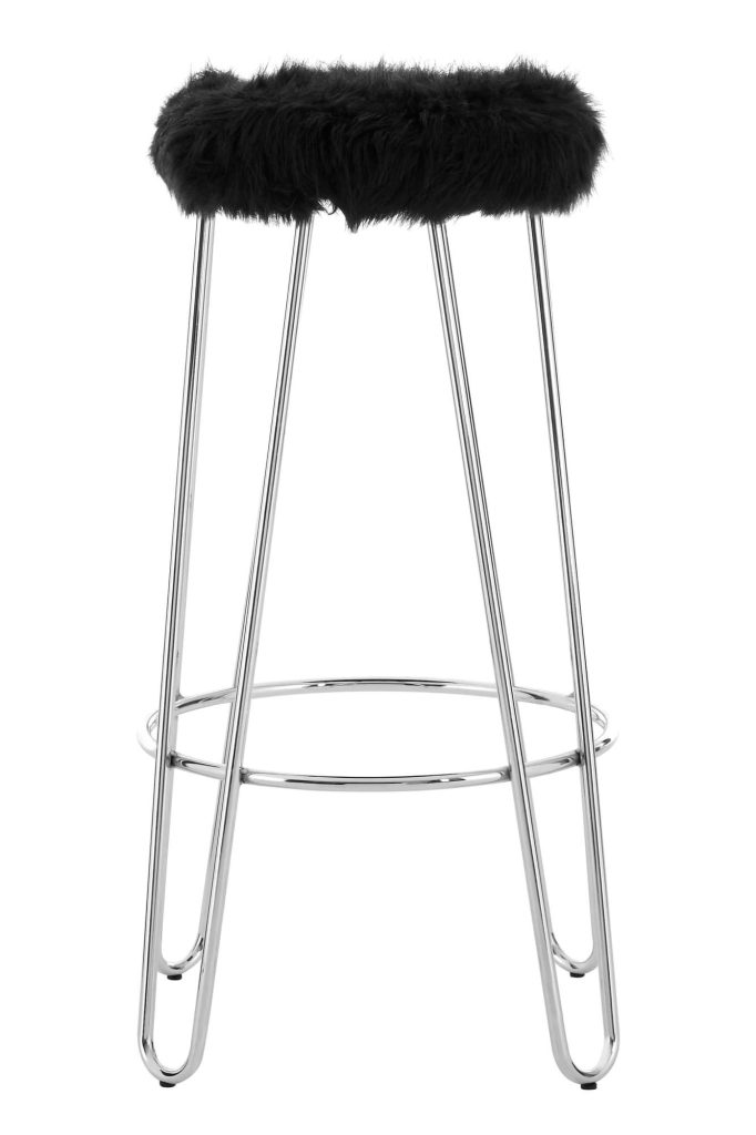 Versatile Chrome and Faux Fur Bar Stool, Hairpin Round Stool, Plush Stool for Kitchen Counter