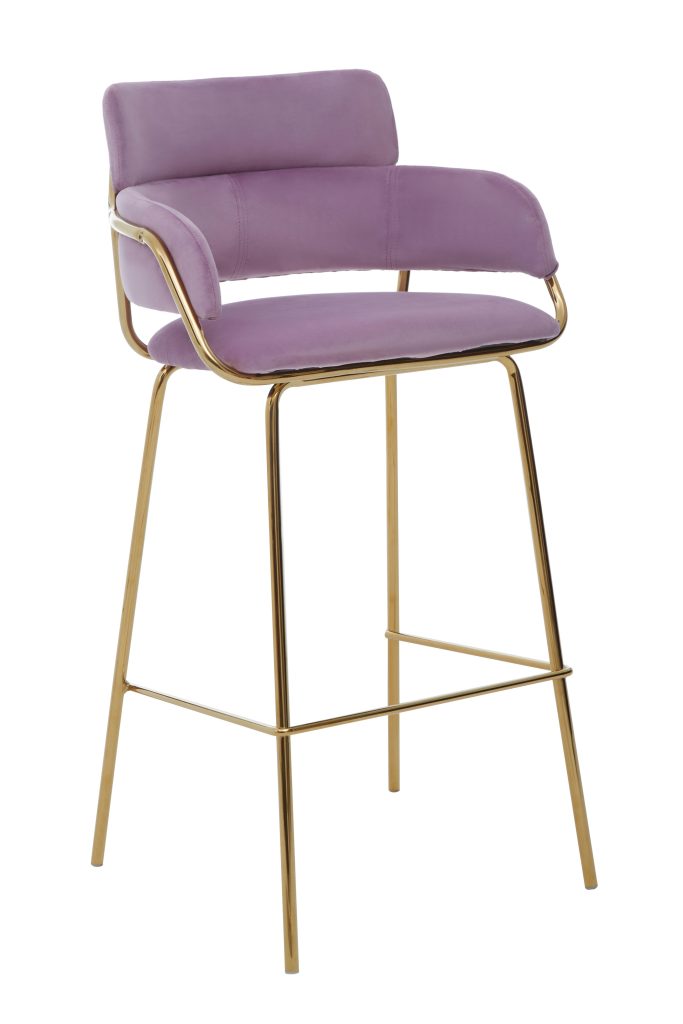 Pink Velvet Bar Chair, Gold Finish Metal Legs With Footrest, Velvet Upholstered Bar Stool, Bar Seating