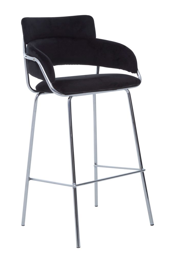 Black Velvet Bar Chair, Chrome Finish Metal Frame, Cushioned Seat With Curved Back & Arms