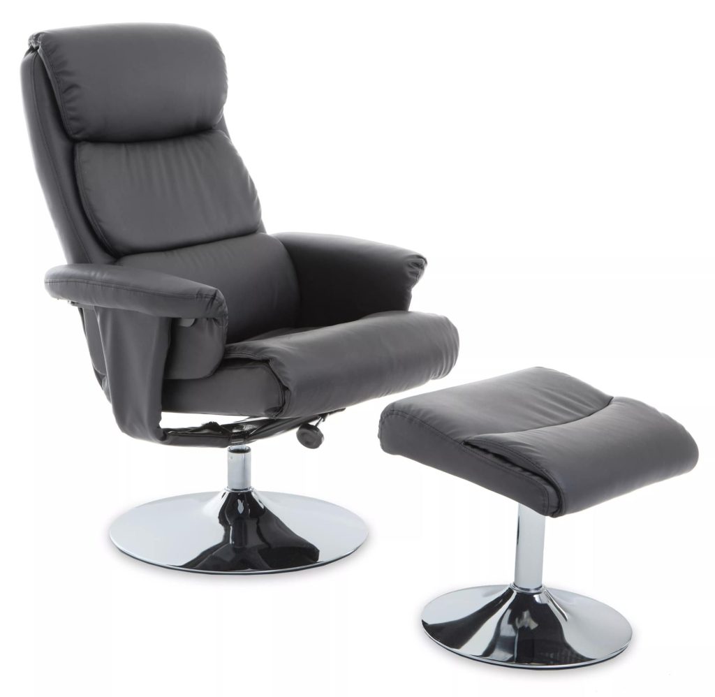 Grey Leather Effect Reclining Chair and footstool, Easy to Clean Leather Chair, Comfy Footstool