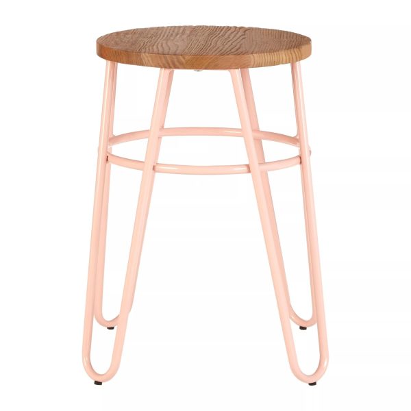 Interiors by Premier Pink Metal and Elm Wood Round Stool Small Hairpin Stool Versatile Metal Stool for Home Office Lounge | Bed Sava