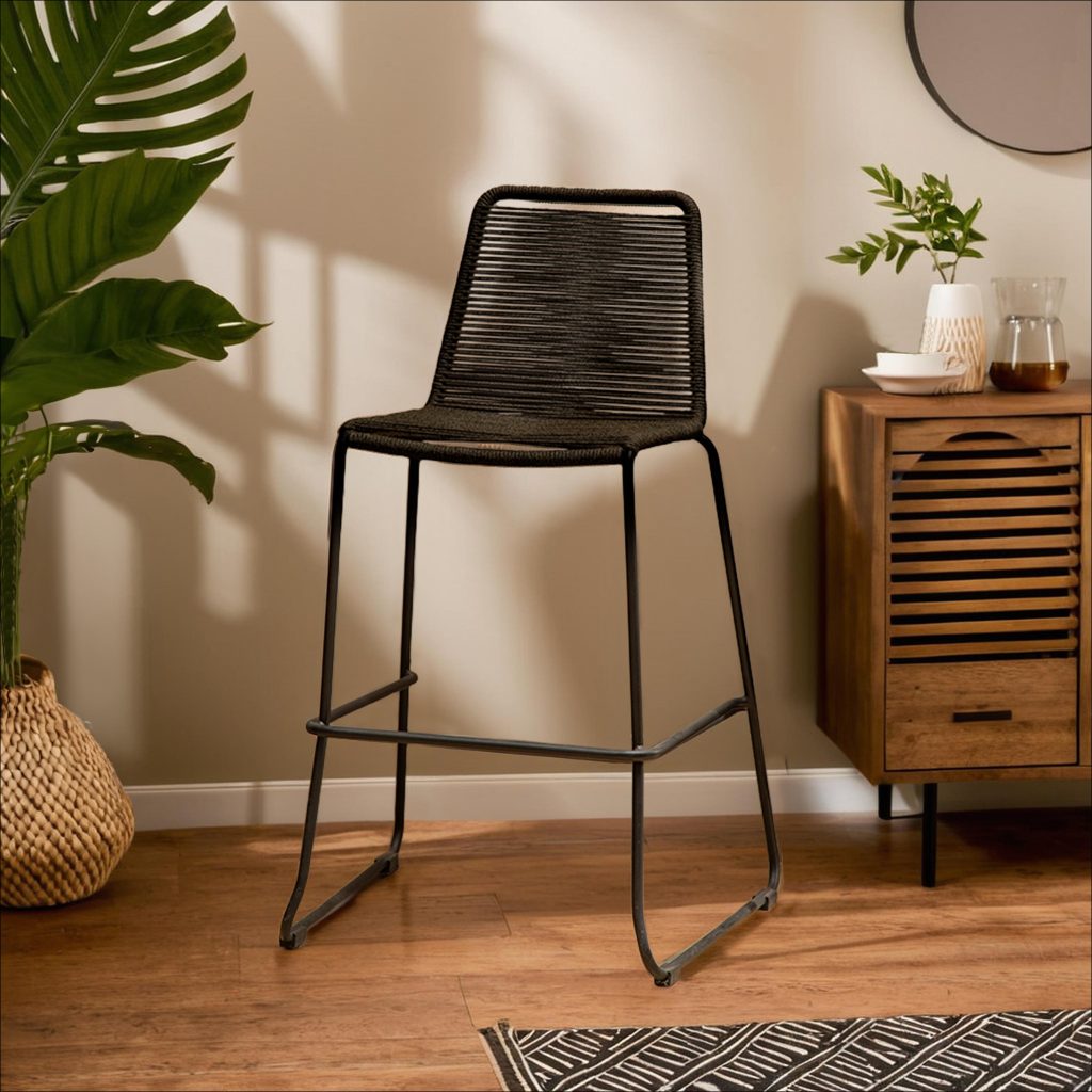 Interiors by Premier Black Rope Bar Chair, Backrest Outdoor Iron Bar Stool, Footrest black Rope Iron Chair, Rust-free Rope Chair