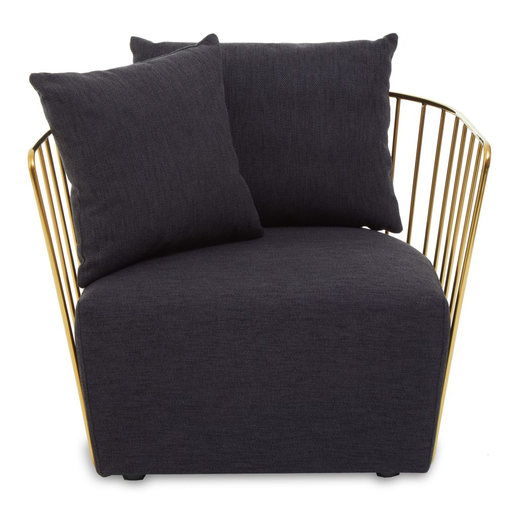 Black Fabric Chair, Gold Finish Steel Frame Accent Chair, Lounge Chair with 2 Cushions, Armchair for Home