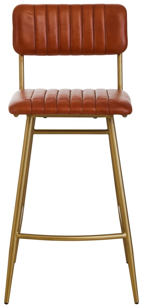 Tan Leather Bar Chair With Gold Finish Frame, Contemporary Bar Stool With Padded Seat & Channel Tufting