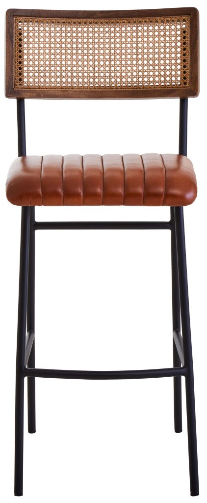 Tan Leather Bar Chair, Retro Cane Webbed Backrest With Channel Tufting, Genuine Leather Padded Seat