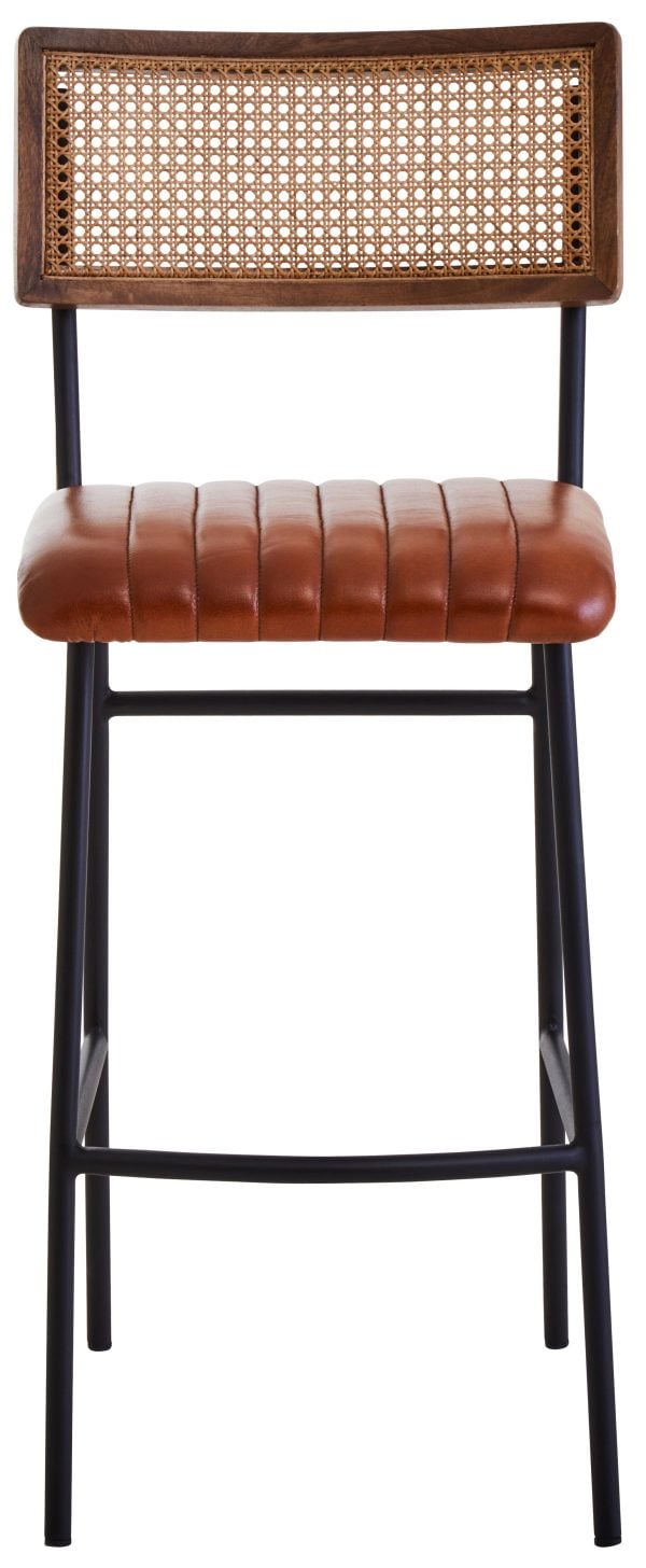 Tan Leather Bar Chair Retro Cane Webbed Backrest With Channel Tufting Genuine Leather Padded Seat | Bed Sava