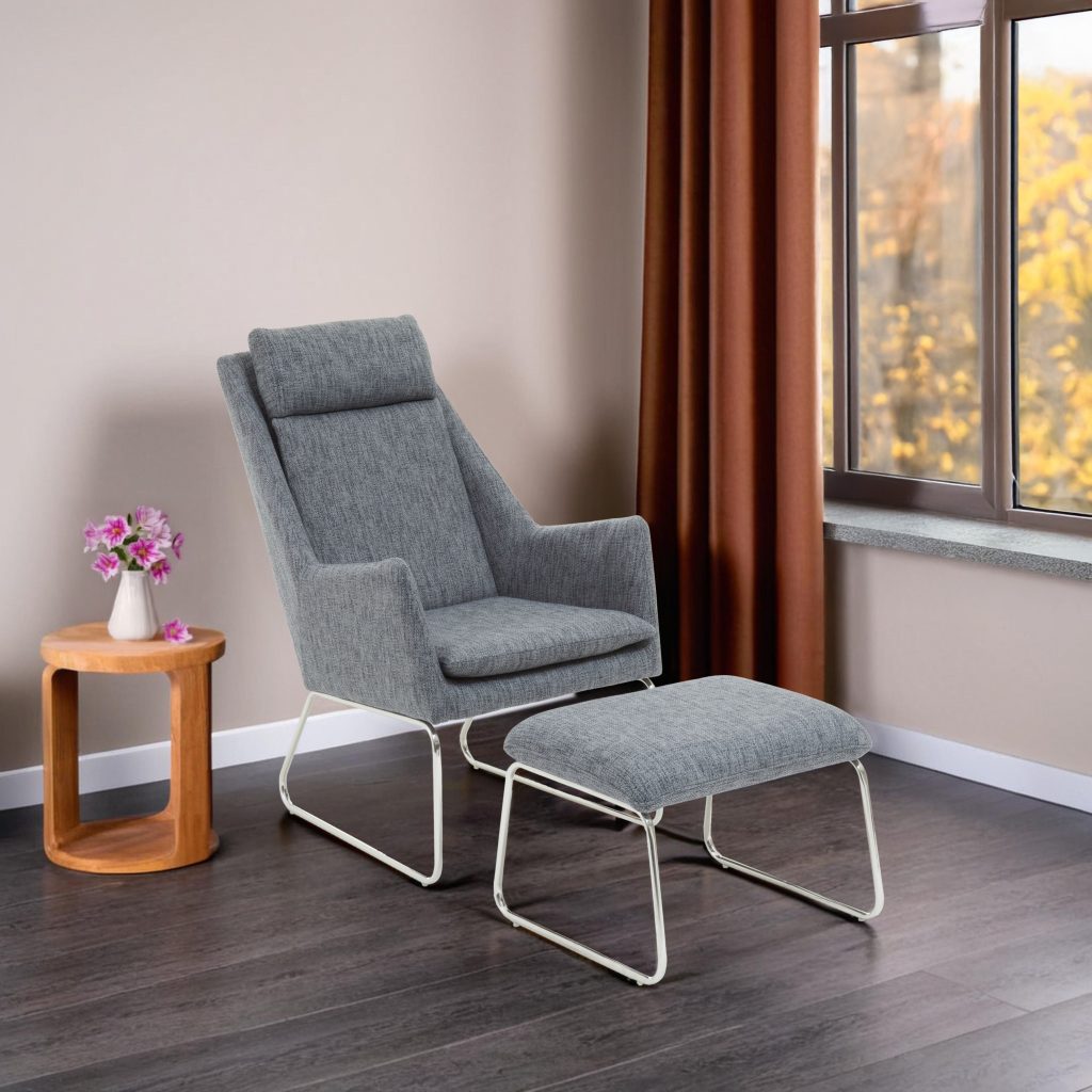 Grey Fabric Chair with Foot Stool Ottoman, Steel Frame Highback Accent Chair for Office, Lounge, Living Room