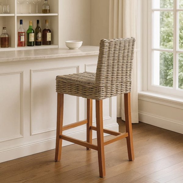 Interiors by Premier Natural Rattan Bar Chair Bar Stool for Kitchen Bar Area Breakfast Stool for Home Bar Wooden Frame | Bed Sava