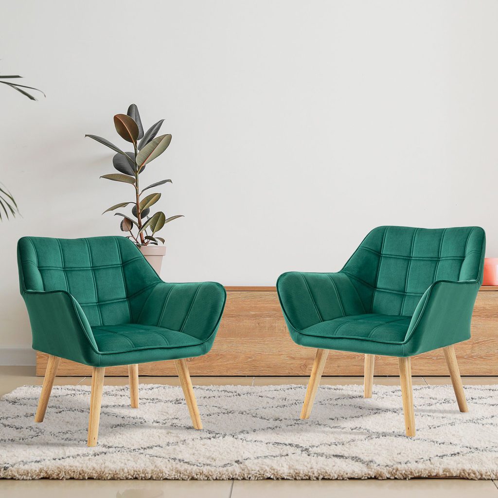 Velvet Accent Chair with Wide Arms Slanted Back Wooden Legs Set of 2