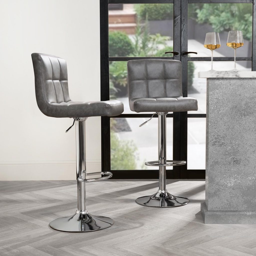 Adjustable Bar Stools x 2 Faux Leather Swivel Seat Kitchen Counter Chair