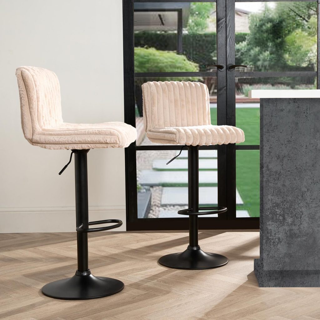 Adjustable Bar Stools x 2 Faux Fur Swivel Seat Kitchen Counter Chair