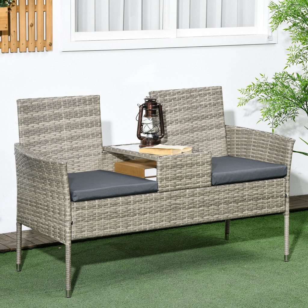 Rattan Garden Bench w/ Glass Tea Table, Patio Wicker Chair w/ Cushions