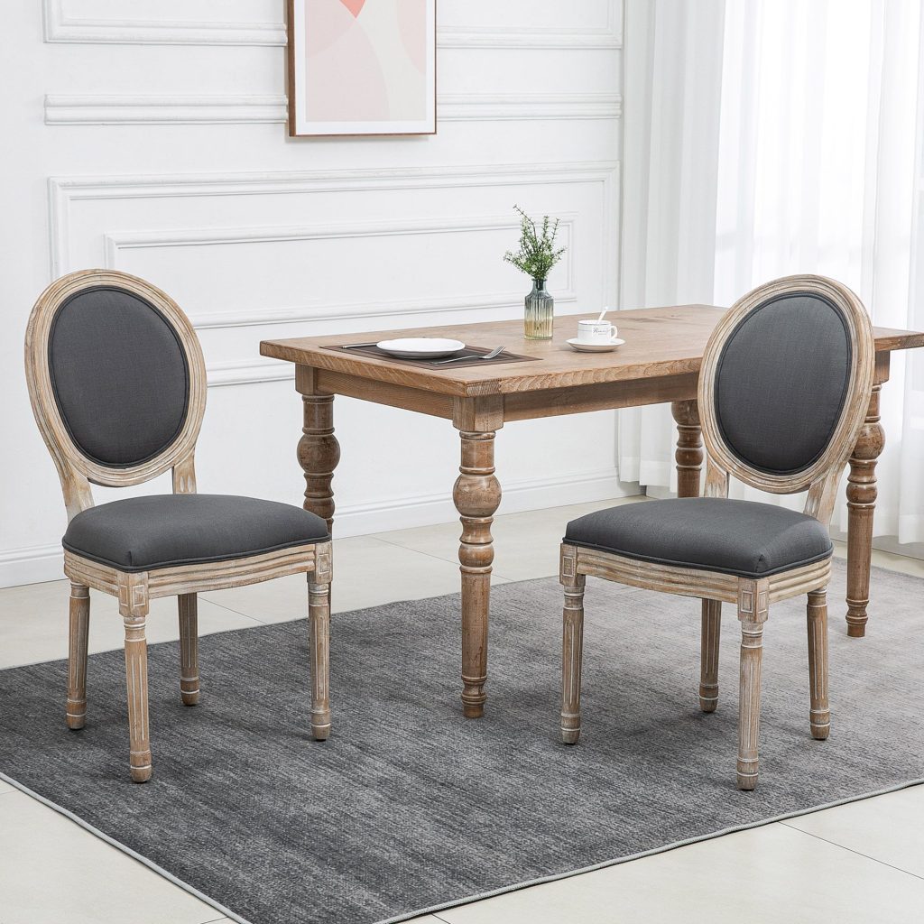 2pc French-Style Dining Accent Chairs Set w/ Linen Upholstery & Wood Legs