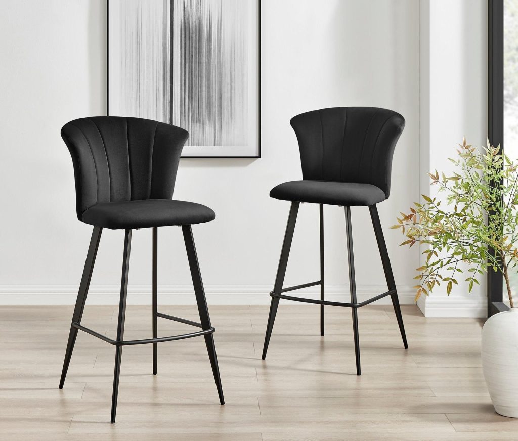 Set of 2 Juniper Soft Touch Velvet Fluted Art Deco Bar Stools With Black Metal Legs