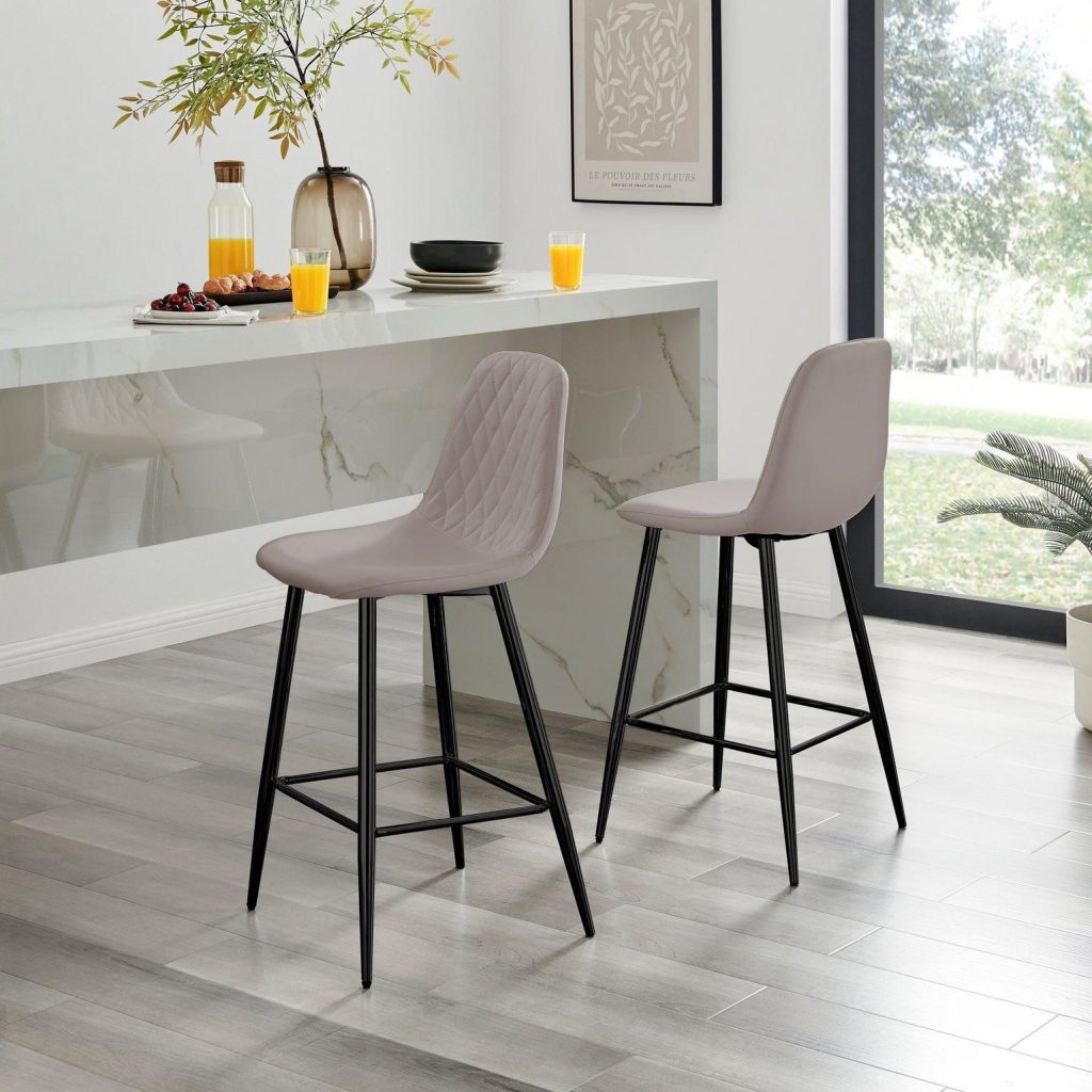 Corona Set of 2 Bar Stools - Faux Leather Bar Chair With Black Legs - Kitchen Island Stool