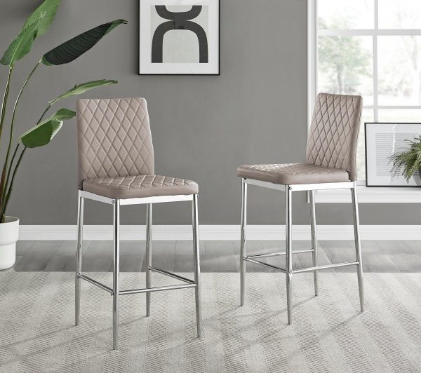 Set of 2 Milan Hatched Faux Leather Padded Bar Stools With Silver Chrome Metal Legs | Bed Sava