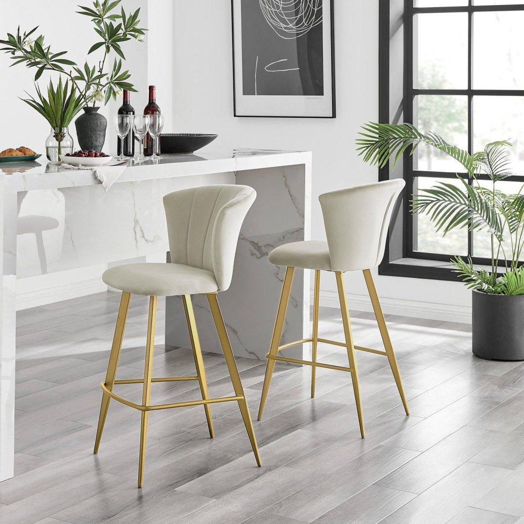 Set of 2 Juniper Soft Touch Velvet Fluted Art Deco Bar Stools With Gold Chrome Metal Legs