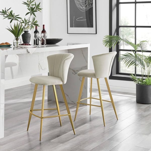 Set of 2 Juniper Soft Touch Velvet Fluted Art Deco Bar Stools With Gold Chrome Metal Legs | Bed Sava