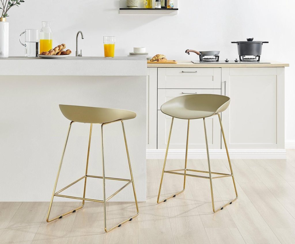 Set of 2 Harper Scandinavian Inspired Molded Plastic Bar Stools With Gold Metal Legs