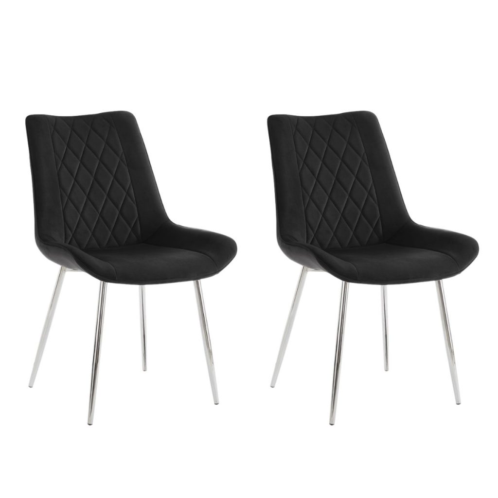 Alba Velvet Dining Chair Set of 2, Black with Silver Legs