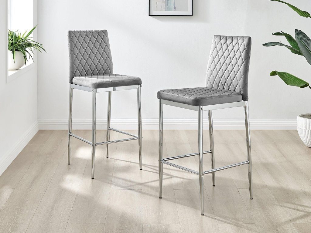 Set of 2 Milan Soft Touch Hatched Velvet Padded Bar Stools With Silver Chrome Metal Legs