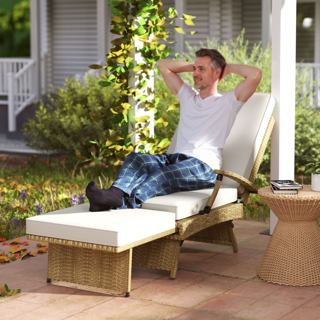 Rattan Recliner Chair w/ Cushion, Foldable Garden Recliner Chair w/ Footrest