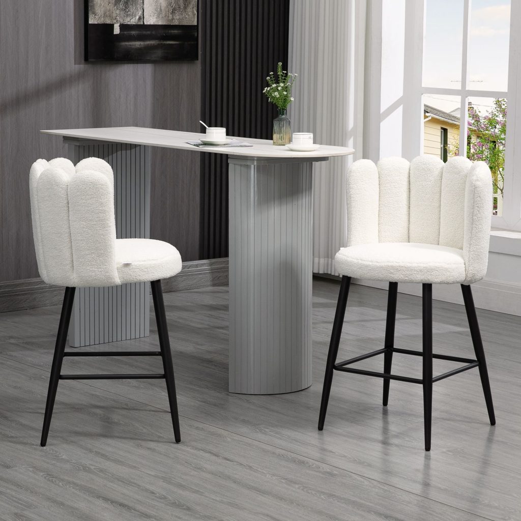 Fluffy Upholstered Breakfast Bar Stools Set of 2 with Back, Cream