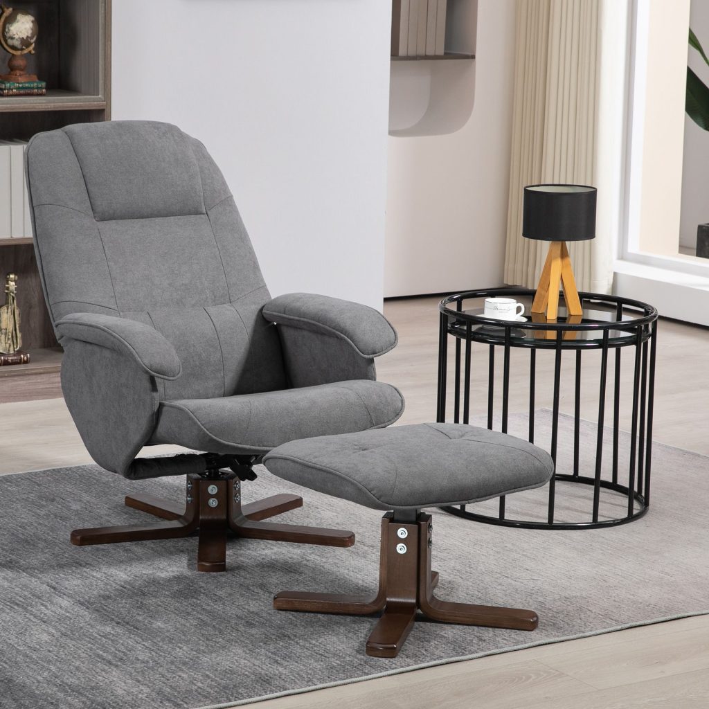 Swivel Recliner Chair with Footstool and Wooden Base, Grey