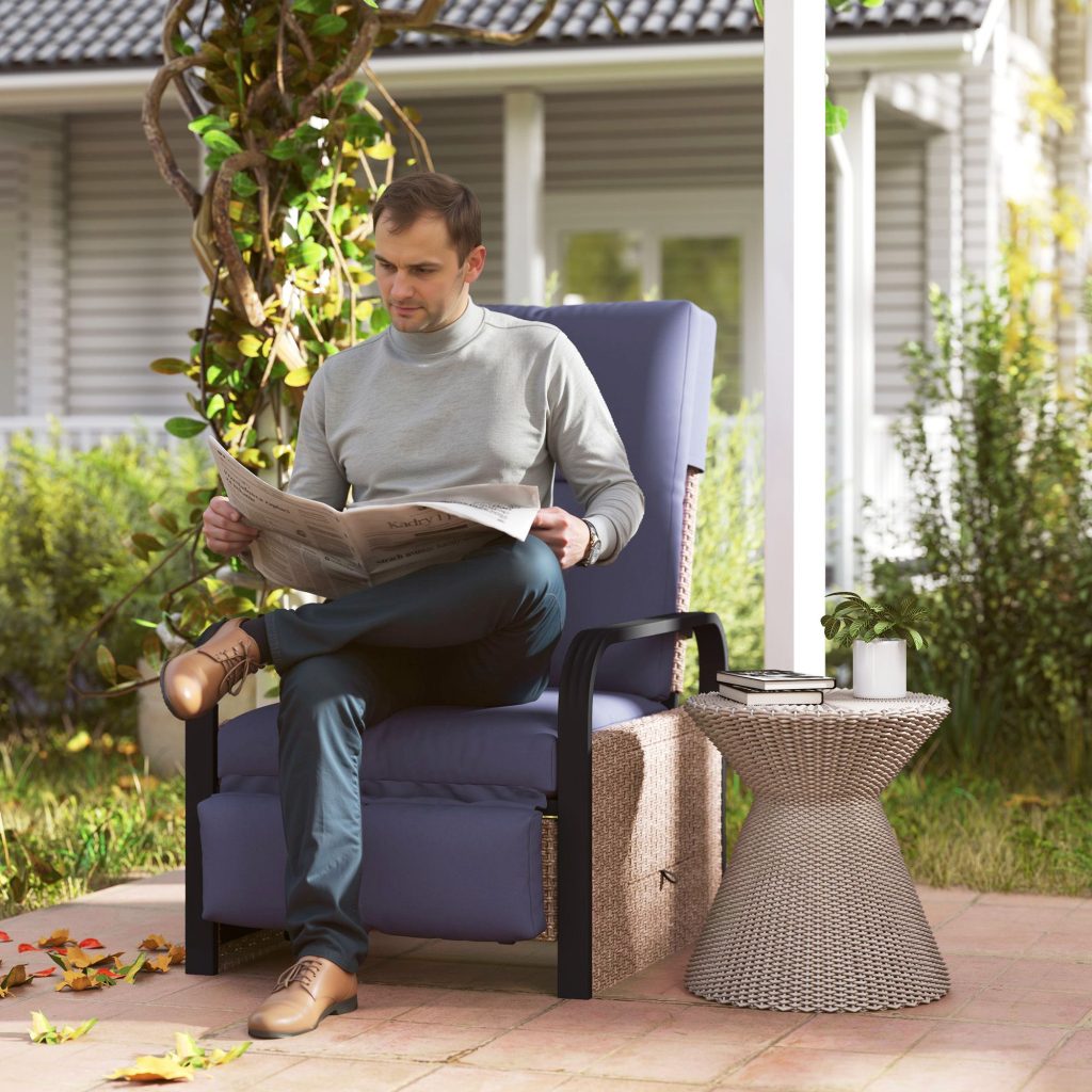 Rattan Garden Recliner Chair, Reclining Lounge Chair with Side Tray