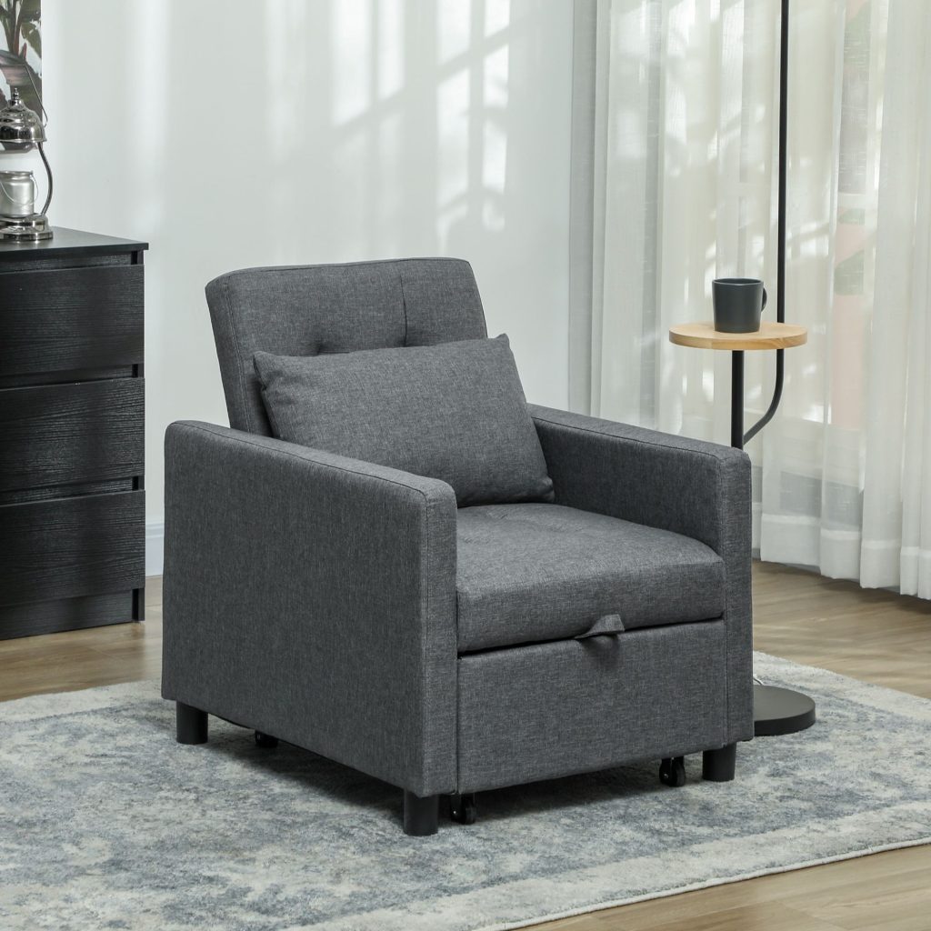 Convertible Single Chair Bed with Upholstered Fabric, Dark Grey