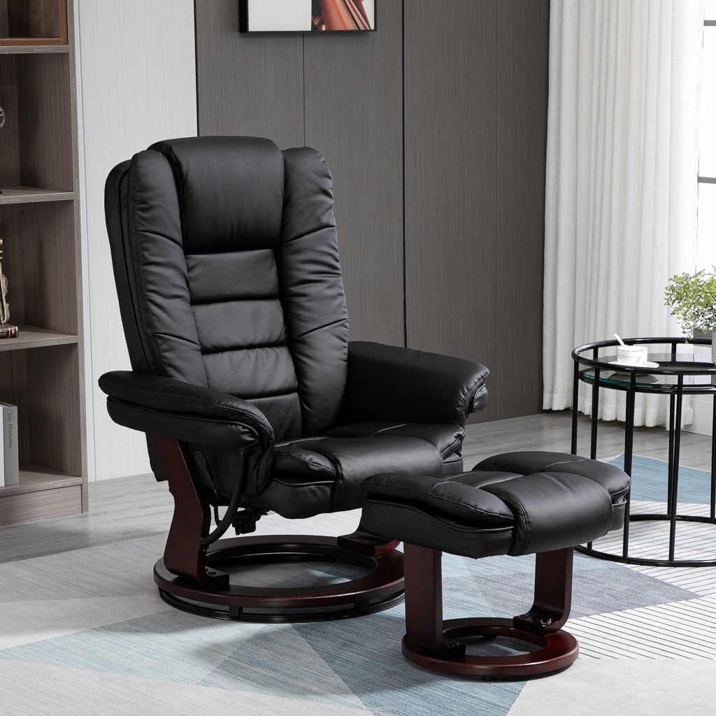 Swivel Manual Recliner and Footrest Set PU Leisure Lounge Chair with Wood Base