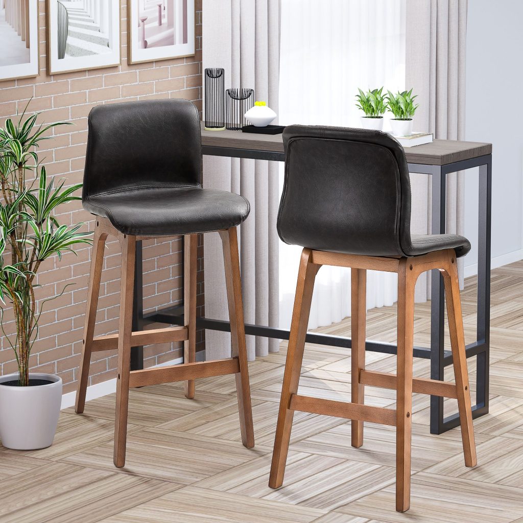 2 Pcs 93cm Faux Leather Bar Stools Wooden Frame Footrest Padding | Bed Sava