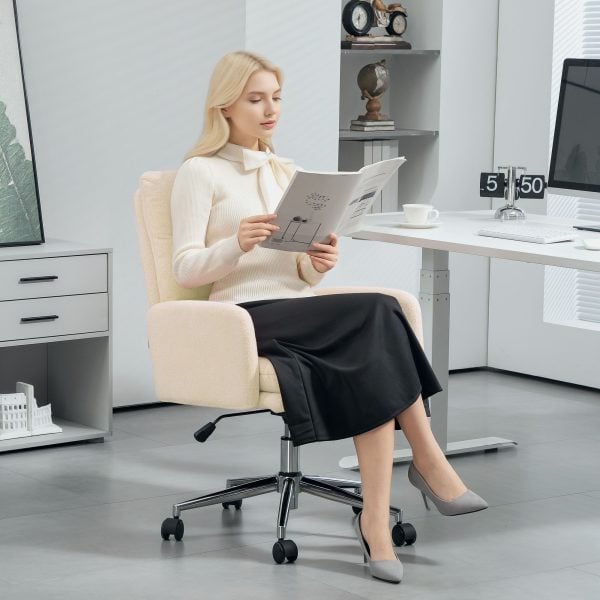 Upholstered Desk Chair with Height Adjustable Cream White | Bed Sava