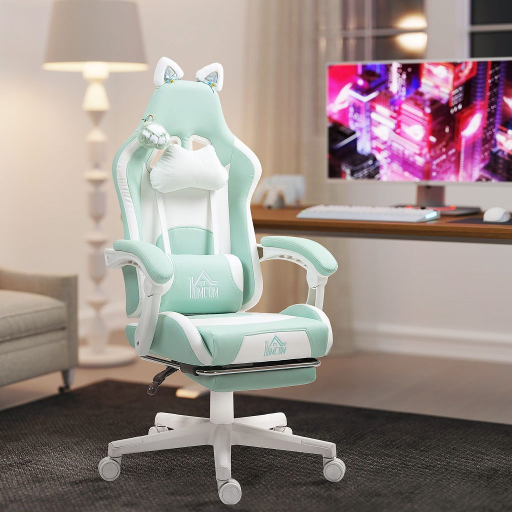 Gaming Chair with Footrest, Reclining Computer Chair, Light Blue