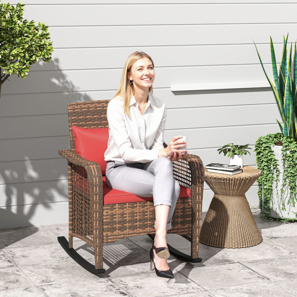 Rattan Garden Rocking Chair with Seat and Back Cushions