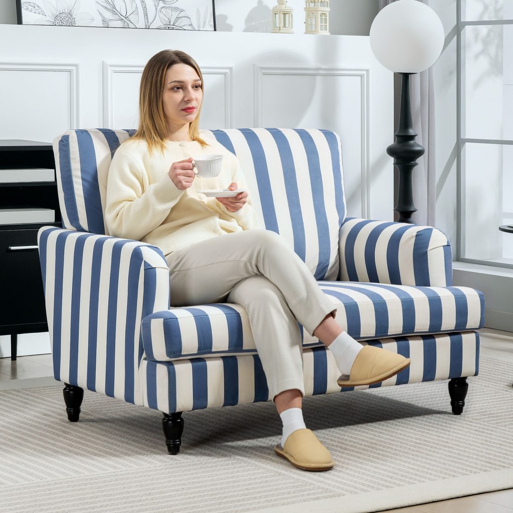 Cuddle Chair with Stripe, Armchair for Living Room, Blue and White