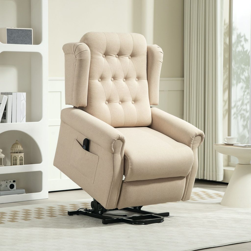 Power Lift Recliner Armchair with Wingback, Button Tufted, Beige