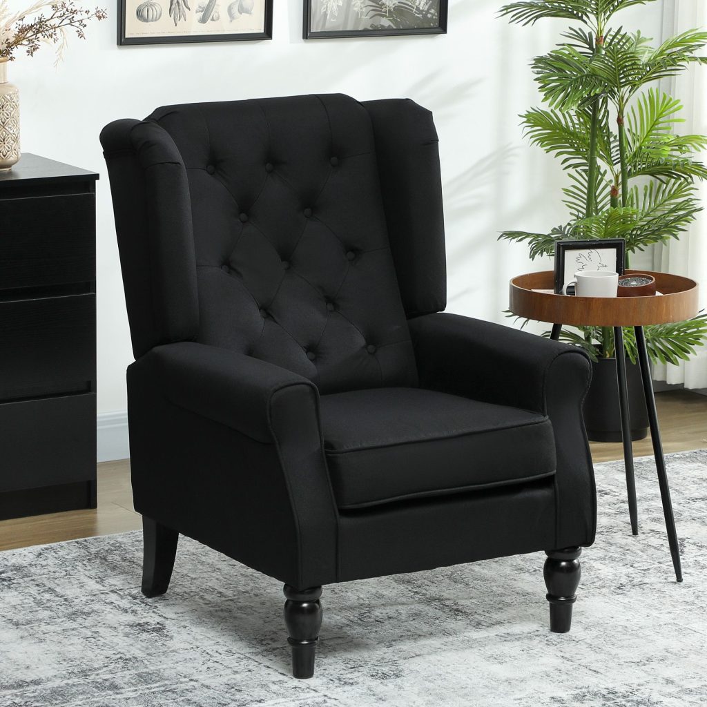 Accent Chair Wingback Armchair Retro Tufted Club Wood Fabric, Black