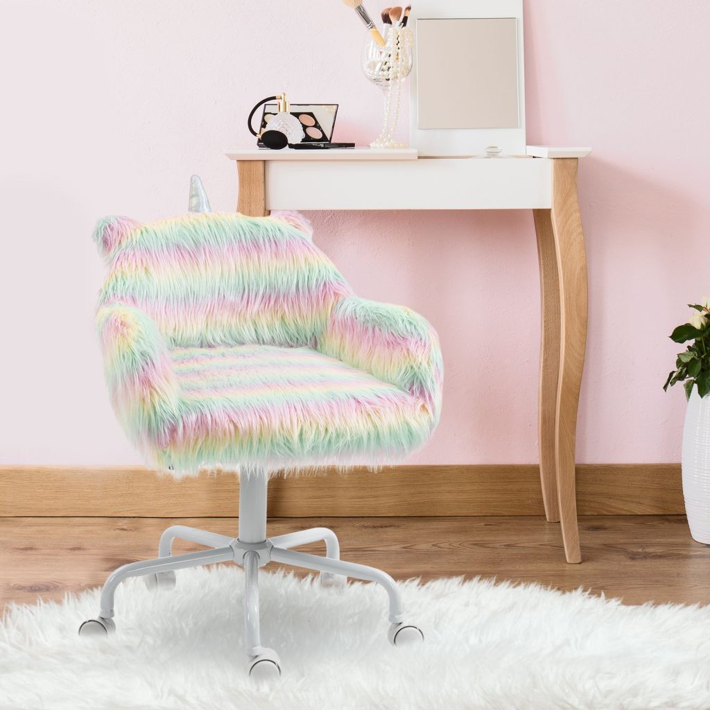 Fluffy Desk Chair with Arms Faux Fur Home Office Chair with Wheels | Bed Sava