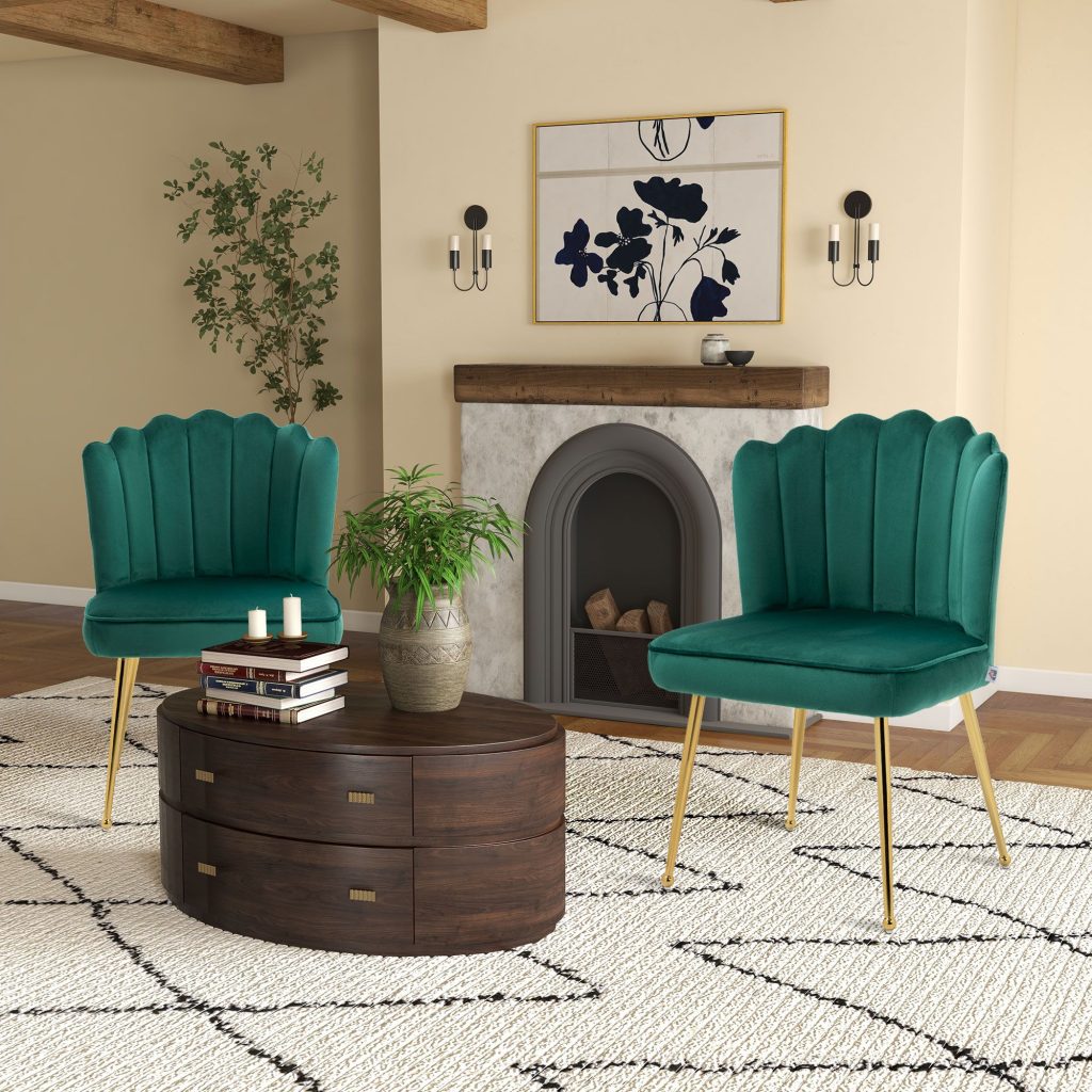 Velvet Shell Luxe Accent Chair Home Bedroom Lounge with Metal Leg Set of 2