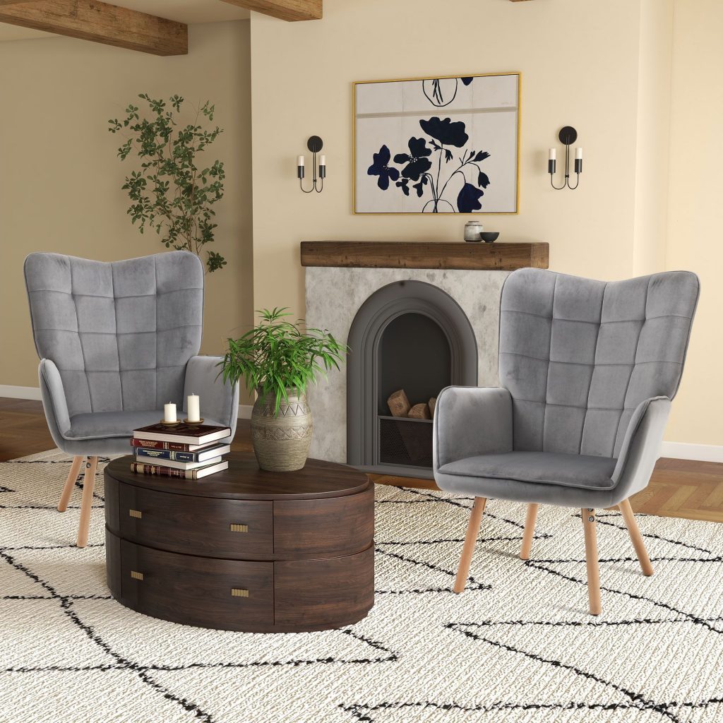Accent Chair Tufted Wingback Armchair Club Chair with Wood Legs Set of 2